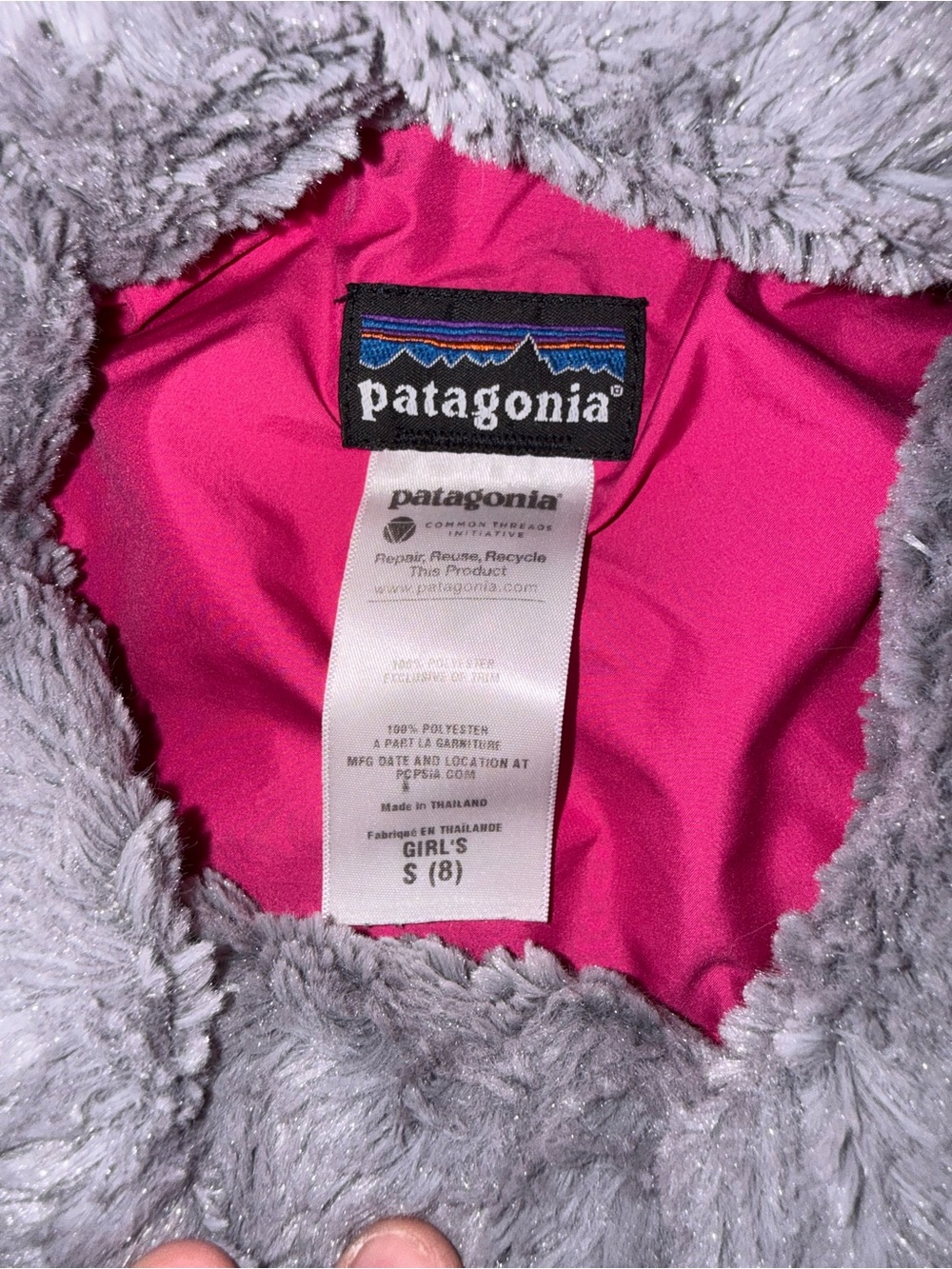 Patagonia Girls' Gray Faux-Fur Peacoat with Pink Lining - Picture 2 of 5